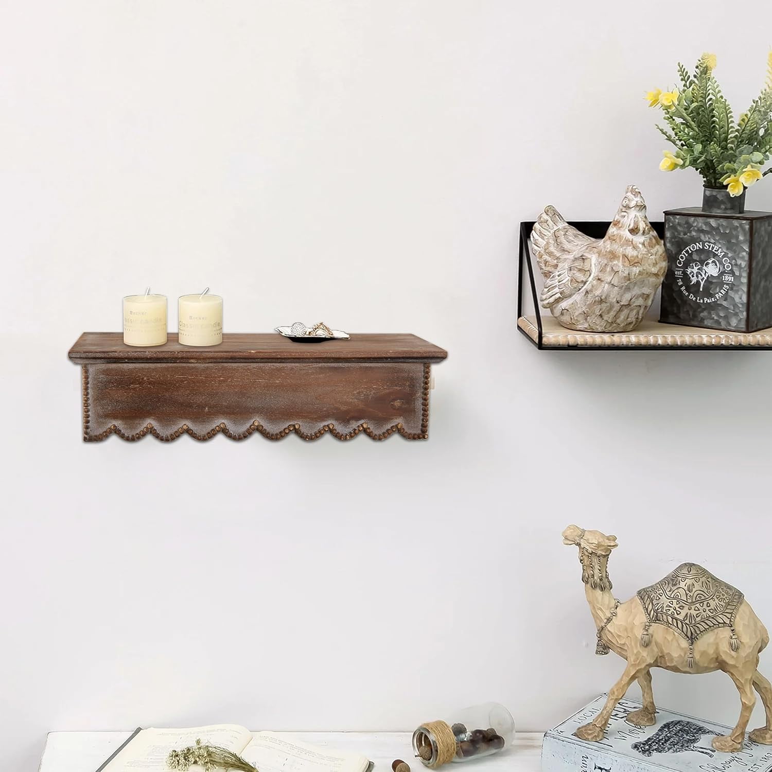 SOFE Wood Scalloped Decorative Floating Shelves, Farmhouse Bedroom Bathroom Kitchen Shelving Wall Shelf, Small Hanging Shelves Display Book Picture Ledge Shelf