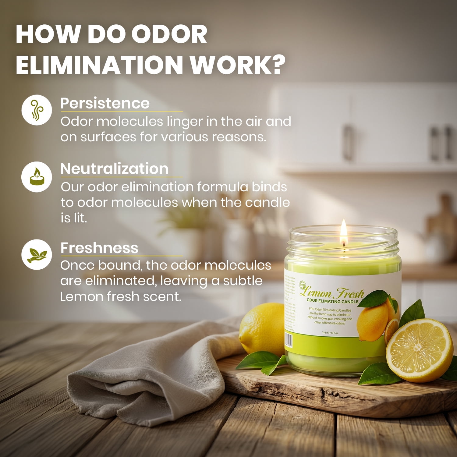 Candle Set Odor Eliminating - Pack of 2 (12oz) Lemon Fresh | 80 to 90-Hour Burn Time | Premium Soy Wax Candles | Neutralizes Pet, Kitchen, & Smoke Odors | Eco-Friendly & Long-Lasting