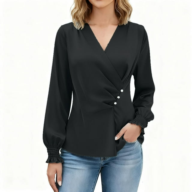 Women's V Neck Satin Blouse - Long Sleeve Pleated Ruffle Business Casual Dressy Work Tops