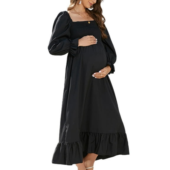 Jdlsppl Women's Long Sleeve Dresses Maternity Dress Long Ruched High Waist Summer Cute Fit And Flare Dress Black Medium