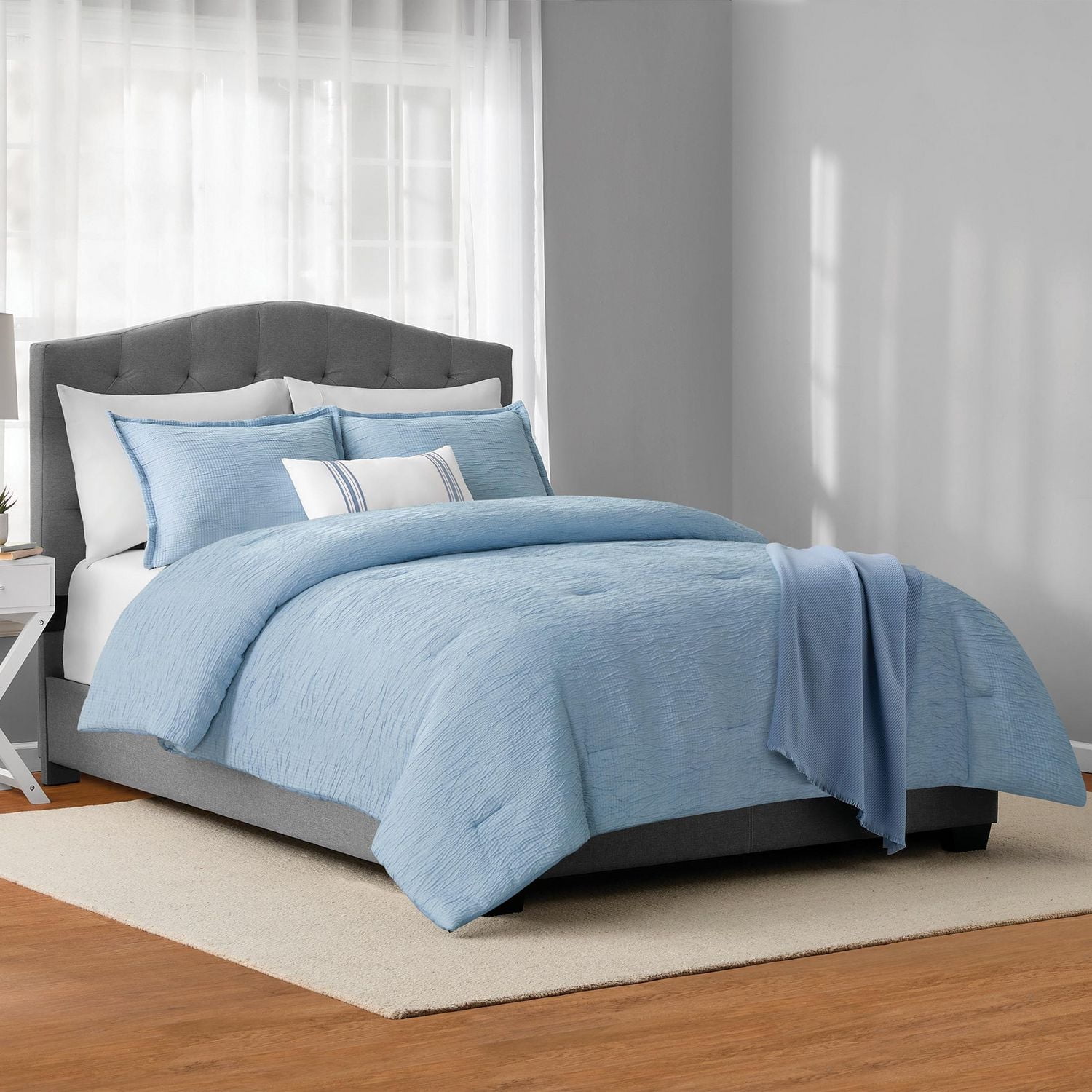 Mainstays 5-Piece Blue Stripe Comforter Set, Double/Queen, Includes storage bag