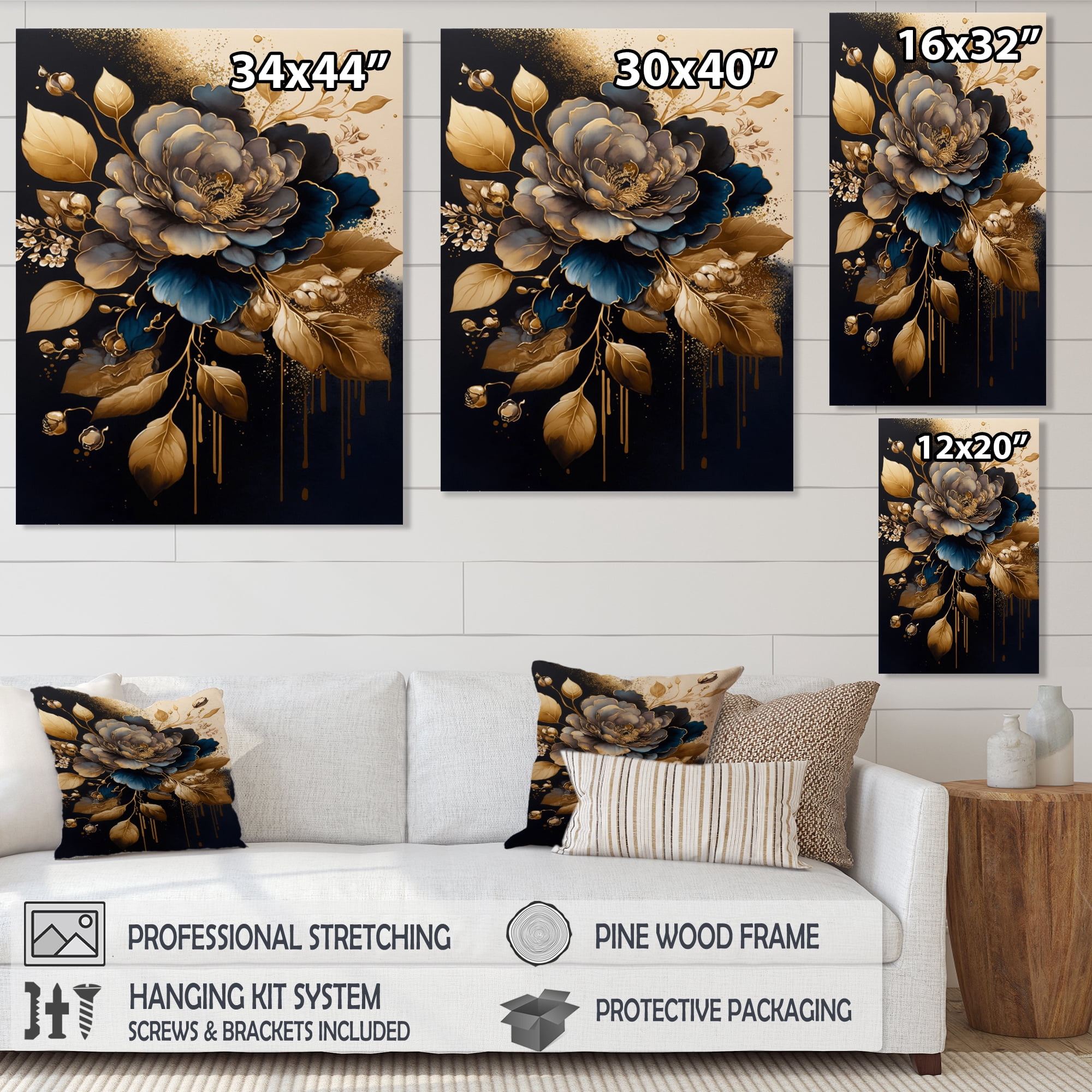 Designart Blue And Gold Camellia II Canvas Wall Art