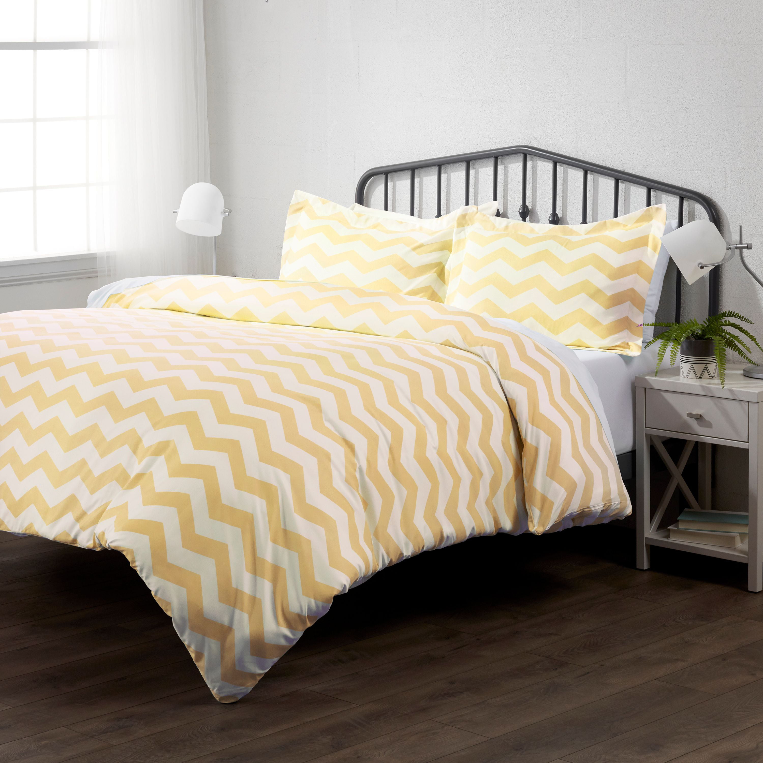 King Size Mustard Yellow Wide Stripe Duvet Cover Bedding Set With 2 Pillowcases 