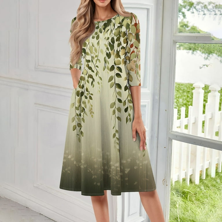 Qijie Petite Women Dresses Spring Summer 3/4 Sleeve Vacation Boho Floral Casual Sundress A-Line Holiday Midi Dress Crew Neck Flowy Swing Wedding Guest