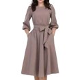 thumbnail image 1 of TSADFHJI Jupe en Satin Couleur Unie Col Rond Manches Mi-Longues Robe Ligne A Femme G Kaki, 1 of 5