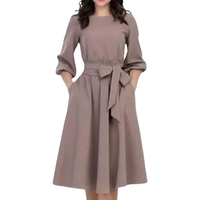 TSADFHJI Jupe en Satin Couleur Unie Col Rond Manches Mi-Longues Robe Ligne A Femme G Kaki