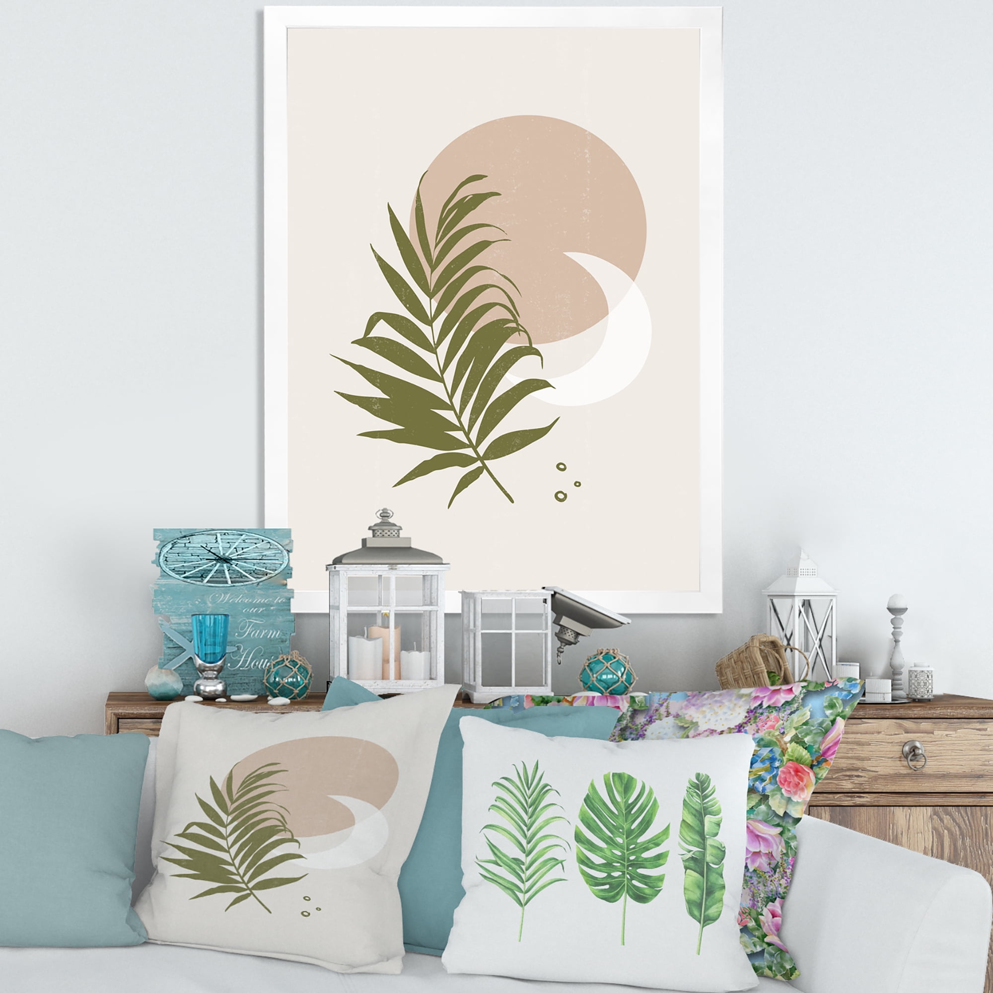 Designart 'Abstract Moon and Sun With Green Leaf II' Modern Framed Art Print