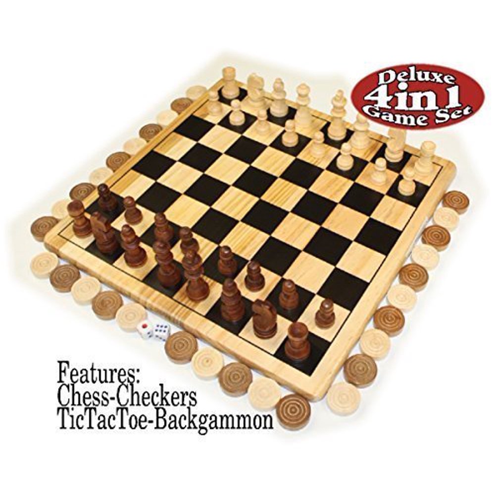 Deluxe 4in1 Chess, Checkers, Tic Tac Toe & Backgammon Wooden Game Set