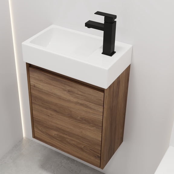 Tcbosik 18 inch Wall Mounted Vanity with Ceramic Sink for Small Space Bathroom Washroom, Brown Ebony
