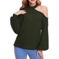 thumbnail image 1 of Jersey de punto con hombros descubiertos y hombros caídos para mujer, manga larga, cuello redondo, suave y suelto, color verde OD XXL, 1 of 5