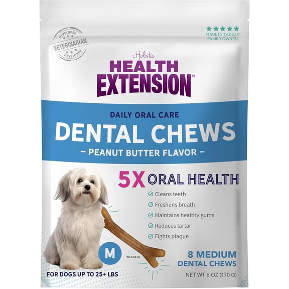 Health Extension Dental Bones Peanut Butter Size Medium (8pk) | Dental Teeth Cleaning & Breath Freshener | Maintains Healthy Gums | Fights Plaque