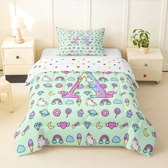 Manfei Pastel Unicorn Twin Comforter Sets,Girls Personalized Letter A Bedding Set,Light Green Multicolor,Polkadot Reversible,2pcs,1 Comforter and 1 Pillowcase