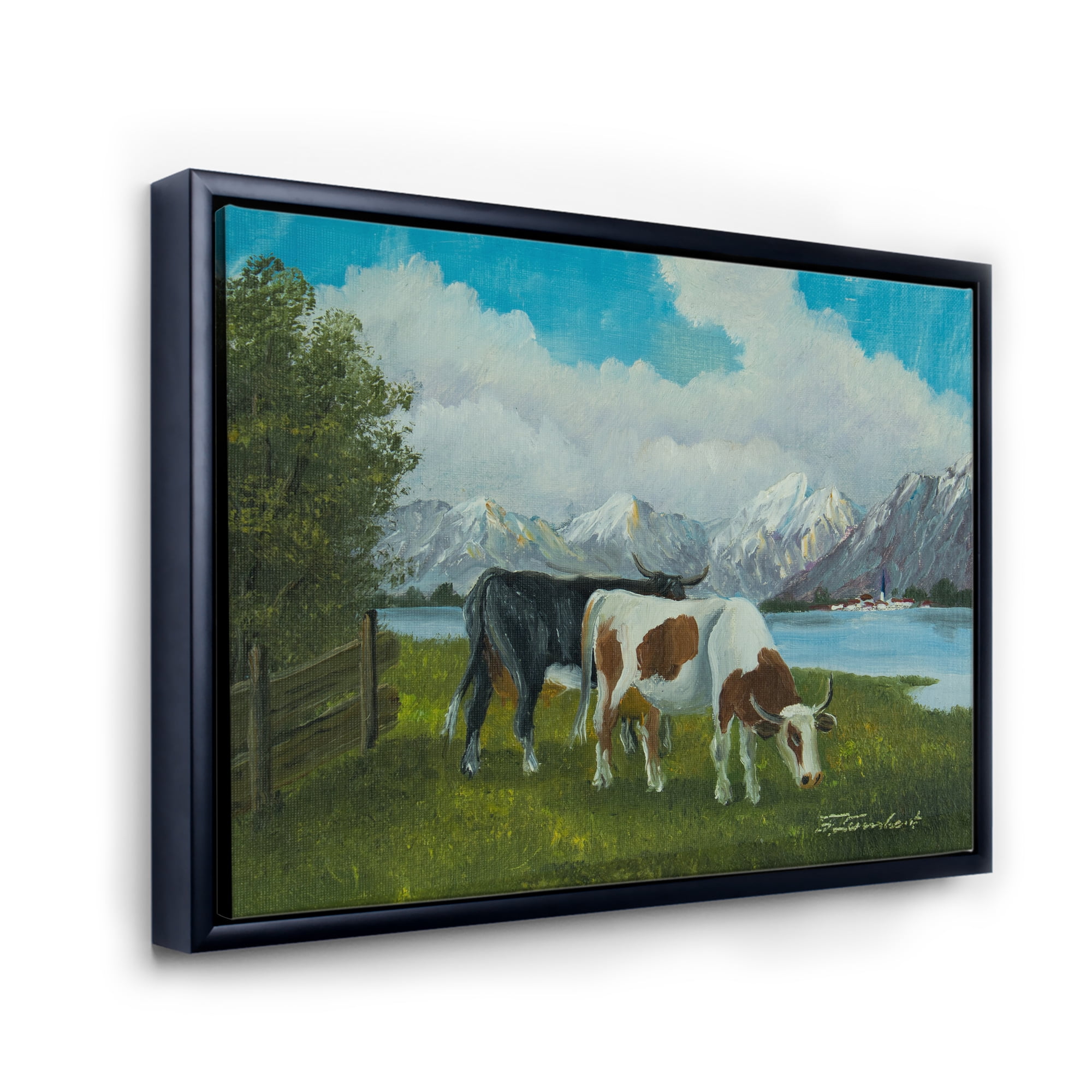 Designart 'Cows Eating Grass In Front Of A Lake' Farmhouse Framed Canvas Wall Art Print