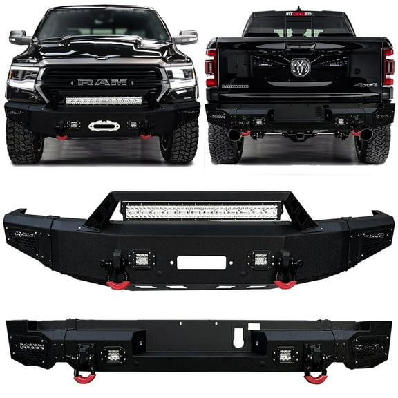 Vijay Compatible with 2019-2020-2021-2022-2023-2024 Dodge RAM 1500 Front and Rear Bumper Textured Black Steel with Lights and D-rings (NOT for Classic)