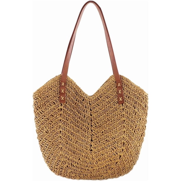 Bolso de mano de paja de gran capacidad, tela a mano, bolsa de hombro hueca para mujer, bolsa de viaje de verano, playa