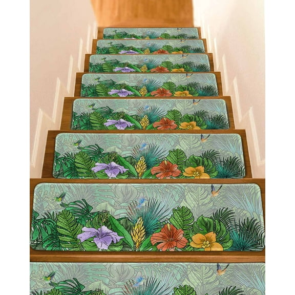 Tropical Plant Colorful Floral Stair Treads for Wooden Steps Indoor Runner Rug Carpet, Fern Print Summer Birds 15 Pieces Peel and Stick Staircase Step Treads Covers Washable Throw Door Mats, 30"x8"