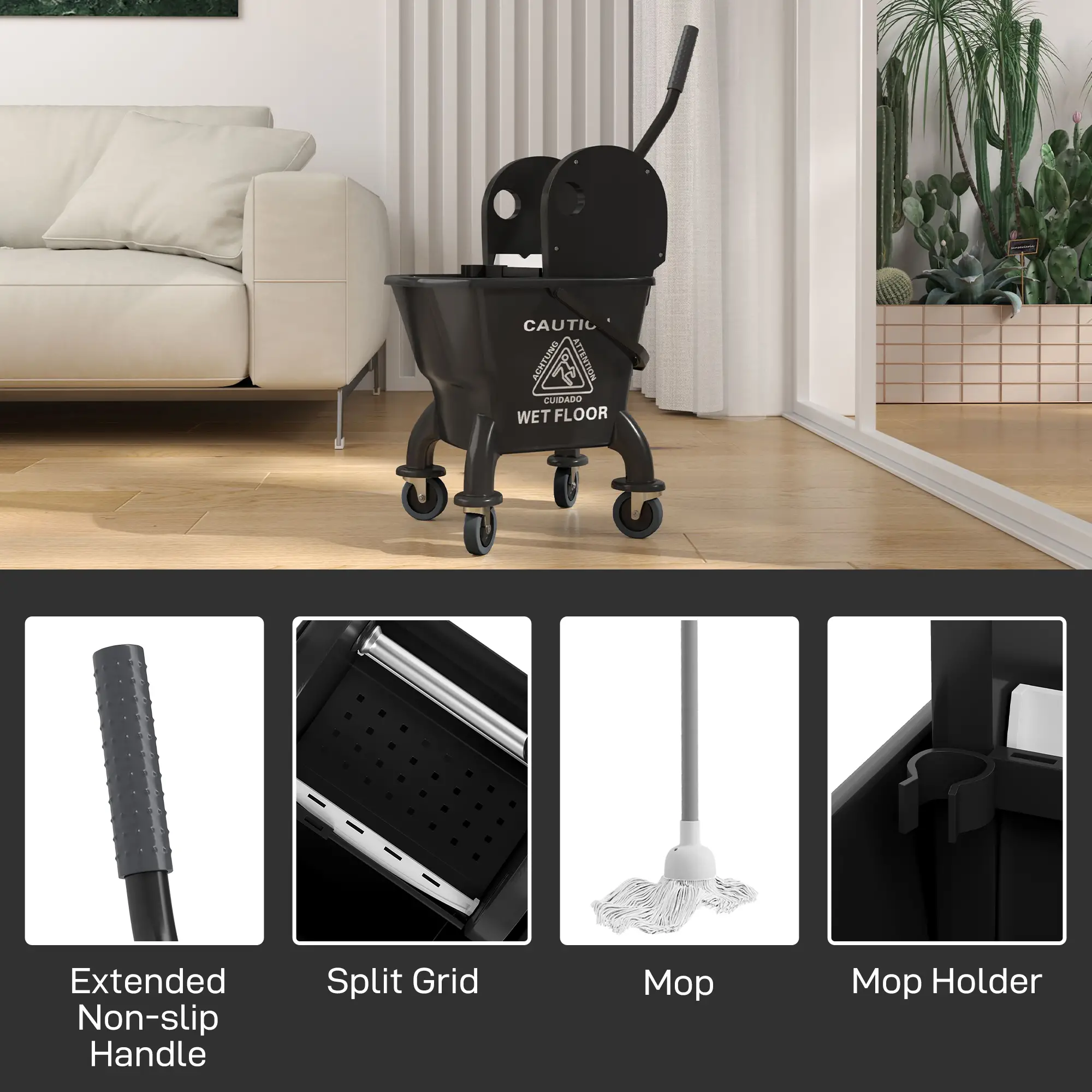 Mop Bucket with Wringer on Wheels for Floor Cleaning, 27.5 Quart Down Press Wringer with Handle & Mop – Black