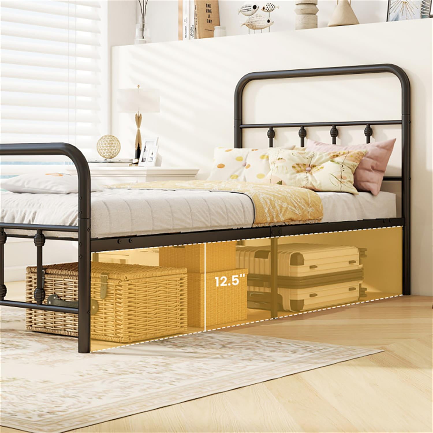 Demi Bonn Classic Metal Platform Bed Frame with Victorian Style Iron-Art Headboard/Footboard/Under Bed Storage/No Box Spring Needed/Twin Size, Black