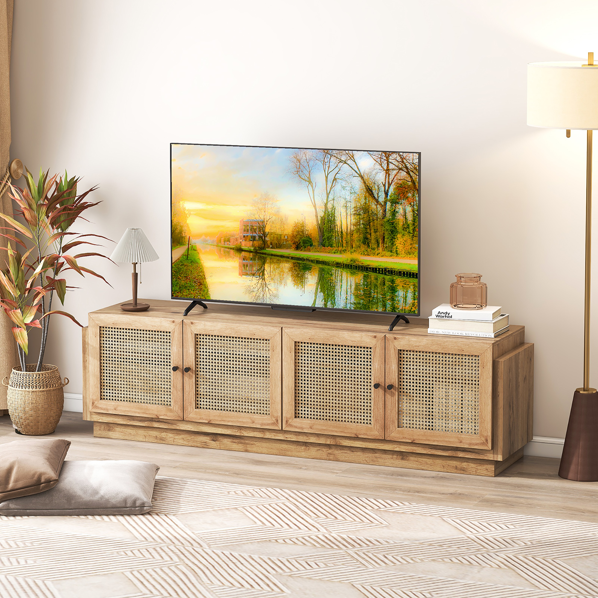 Gymax 4-Door PE Rattan Media Console Table Farmhouse TV Stand for TVs up to 75'' Oak