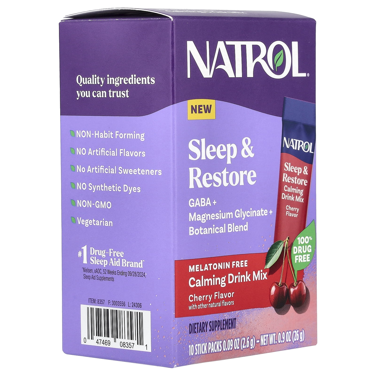 Natrol Sleep & Restore Calming Drink Mix, GABA, Magnesium Glycinate, Botanical Blend, Melatonin-Free, Essential For Your Ultimate Restorative Sleep, Cherry Flavored, 10 Stick Packs