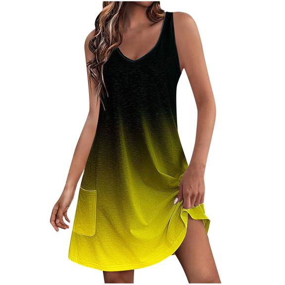 biudgviw Casual Dresses for Women Gradient Print Summer Boho Beach Sundresses Loose V Neck Sleeveless Mini Tank Dress with Pocket