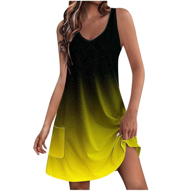 Staron Robes d'Été Jaunes pour Femmes 2025 Sans Manches Robe de Plage avec Poches Robes Amples Col en V Dégradé Fluide Ligne A Mini Robe d'Été S