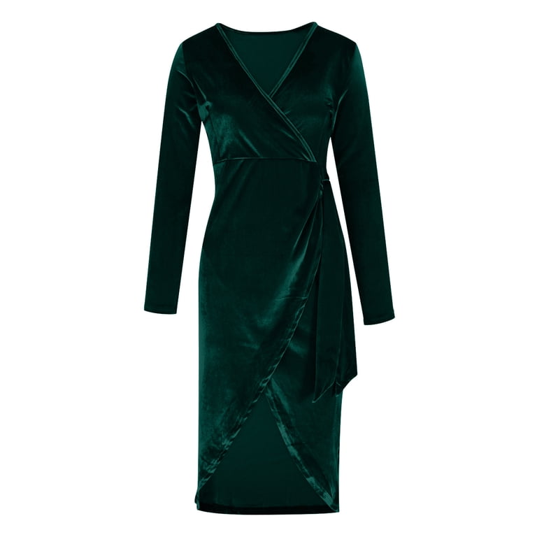 Karymi Velvet Wrap Midi Bodycon Dress, Long Sleeve Deep V Neck Side Tie Ruched High Slit Elegant Cocktail Party Dress Maxi Dress