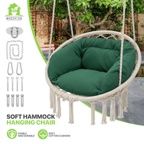Magshion Hammock Chair, Hanging Swing with Macrame and Cushion, Hanging Cotton Rope Chair for Indoor Outdoor Bedroom Patio Yard Deck Garden and Porch, Max 350 lbs, Beige/Green
