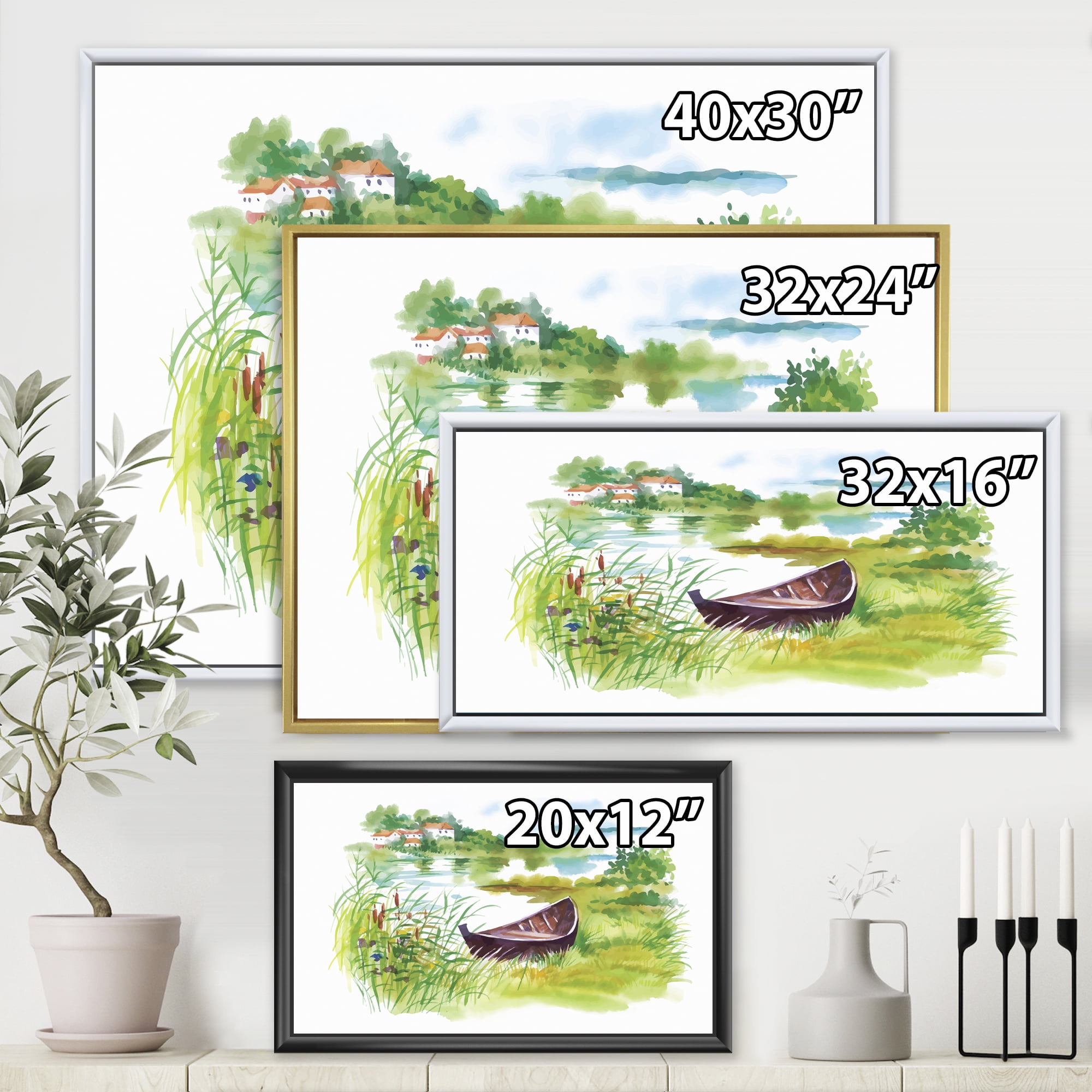 Designart 'Rural Green Landscape With Boat In Lake' Lake House Framed Canvas Wall Art Print