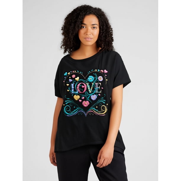 'LOVE' Heart-Shaped Floral Tee - 100%, Short Sleeve, Crew Neck - Casual & Sporty Women's TopFather'sCamisetas para mujer, lindas camisetas con estampado gráfico, de manga corta, estilo casual, para ve