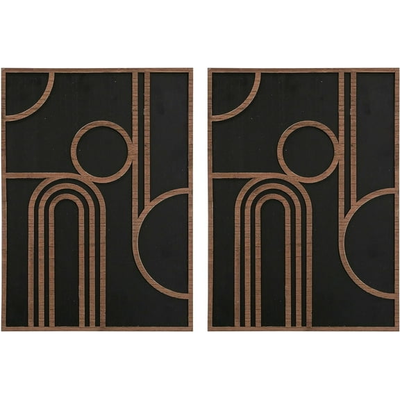 Modernist Home Art Deco Wall Sculptures, Set of 2, Carved Wood Panels, Black and Brown Wood Tones, MDF, Geometric Arches Design, 13.75  x 19.25 Inches