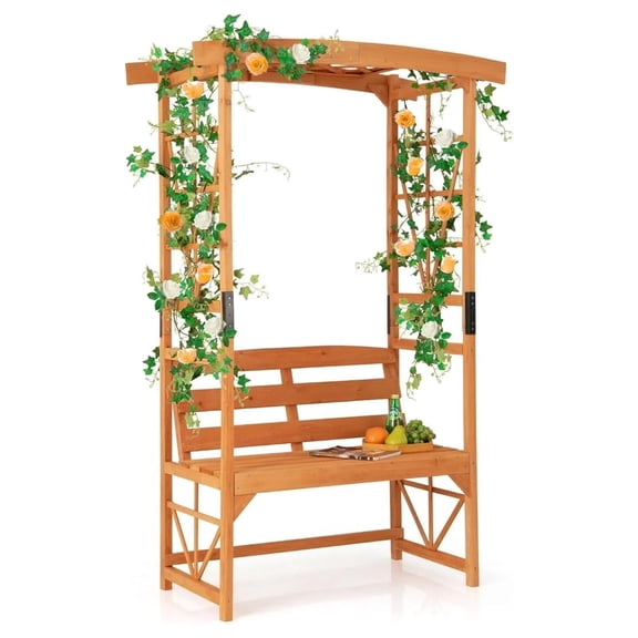 Wooden Garden Arch with , Garden Arch with Pergola & 2 Trellises, 2-Seat Outdoor for Wedding Party, Backyard, Lawn & Patio