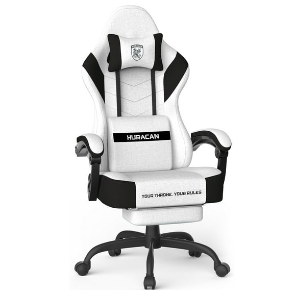 SOONTRANS Gaming Chair for Adults, Ergonomic Linen Fabric Computer Chair with Massage Lumbar Pillow, Gamer Game Chair with Adjustable Headrest, Comfortable Office Chair for Home, White