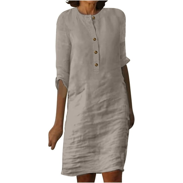Gspmoly Robes d'Été pour Femmes 2025, Robe pour Femmes à Manches 3/4 Col Rond Boutonnée Longueur Genou Robes de Soirée pour Femmes Économies d'Été Liquidation