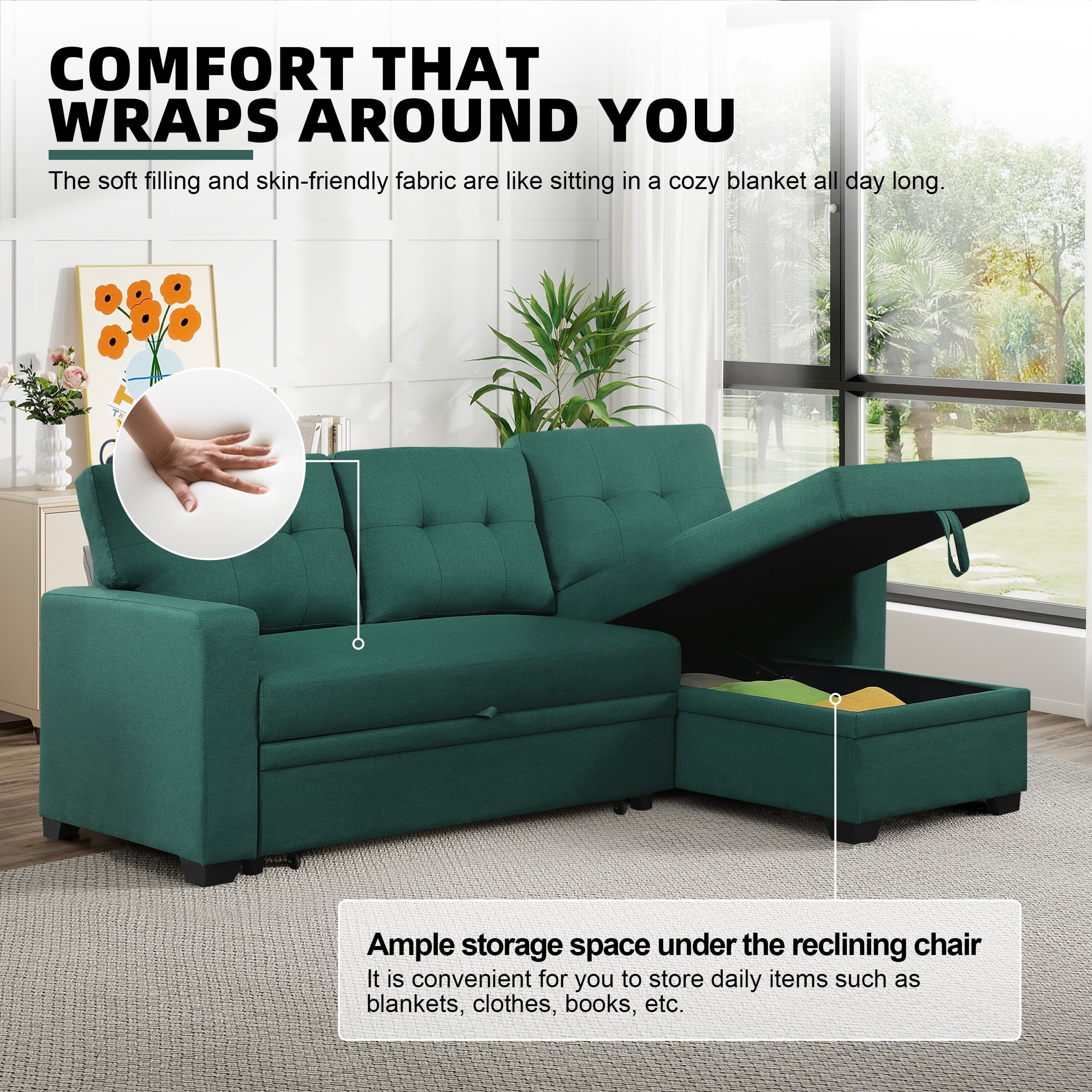 Aukfa Premium Pull-Out Sleeper Sofa Bed with Storage Chaise, Contemporary 3-Seater Couch for Living Room, Green