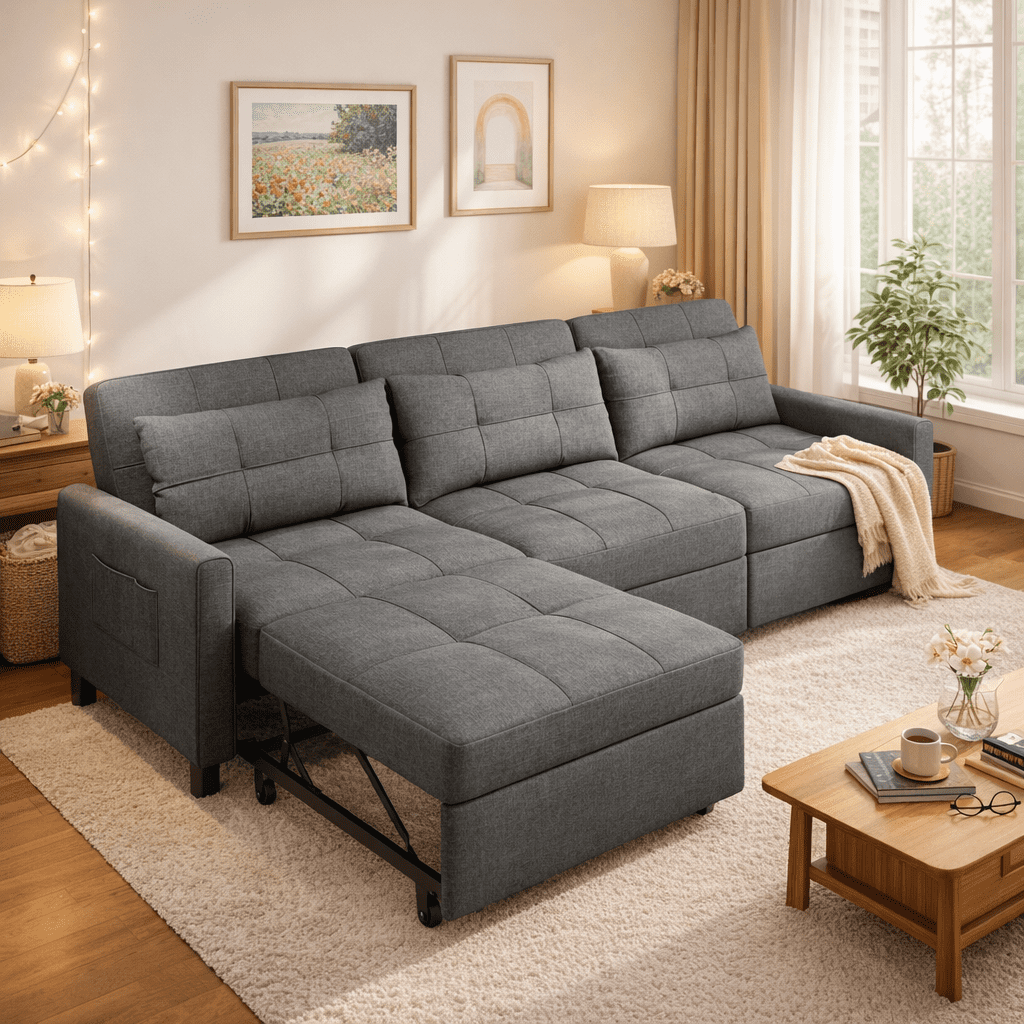 Convertible Sofa Bed, 3 Seater Sectional Sleeper Sofa with Adjustment Backrest & Side Pocket, Pull out Couch for Living Room, Bedroom, Apartment, Dark Gray
