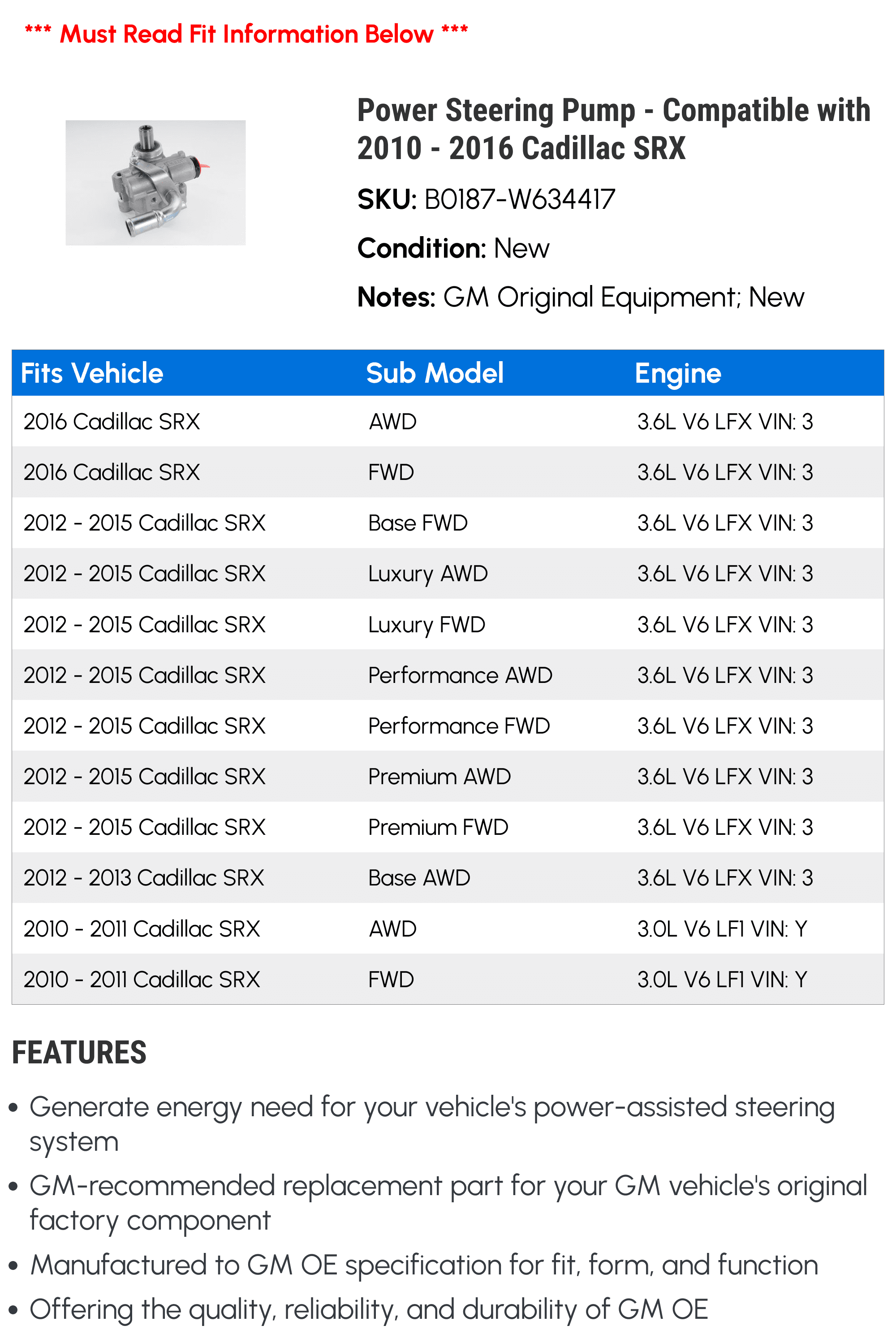 ダブル／ミストブルー A-Premium パワーステアリングポンプ キャデラック SRX 2010-2016並行輸入 
