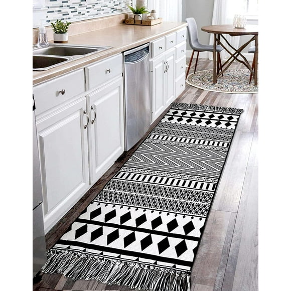 Upgraded Boho Runner Rug 2'x6', Hallway Runner Geometric Black White, 100% Woven Cotton Washable Rug Runner for Home Decor, Tassel Rug for Kitchen/Laundry Room/Entryway/Bedroom