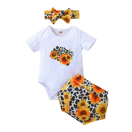 

Genuiskids Newborn Baby Girl Summer 2Pcs Outfits Tops and Shorts Set Cartoon Short Sleeve Romper and Sunflower Short Pants with Headband