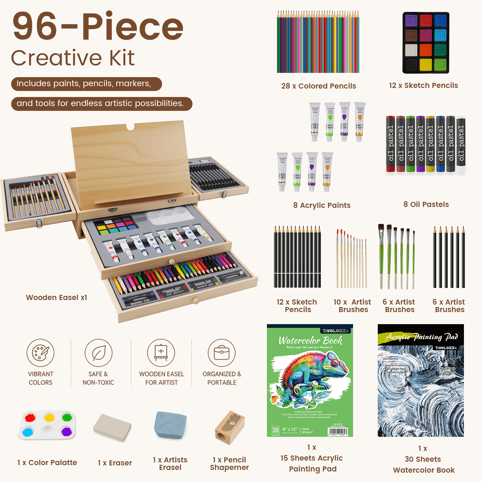 TAVOLOZZA 96PCS Wood Easel Art Set, Complete Drawing & Painting Kit with Paints, Pencils & Brushes