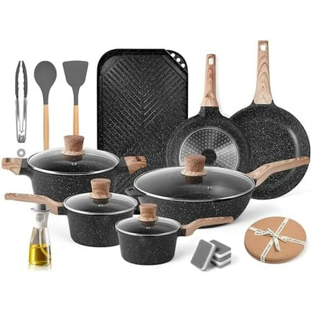 Granite Pots and Pans, Nonstick Cookware Set (Classic Black, 20 Piece Grill Griddle Set)