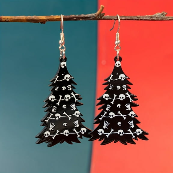 Top-kevin Gothic Punk Style Skull Print Black Christmas Tree Earrings for Women, Iron Material, Perfect for Halloween and Christmas Party Celebrations, Festive Jewelry Accessories, Festive Earrings