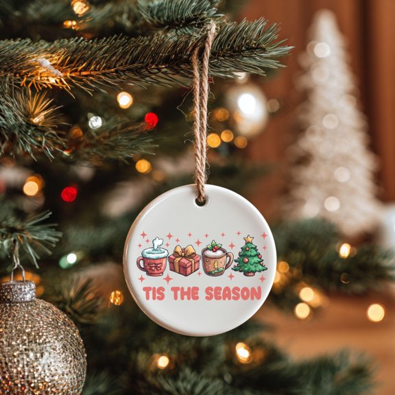 Tis The Season Ornament Christmas Tree Gift Hot Cocoa Eggnog Starry Accents Ceramic Holiday 2D FLAT CIRCLE Ceramic Ornament