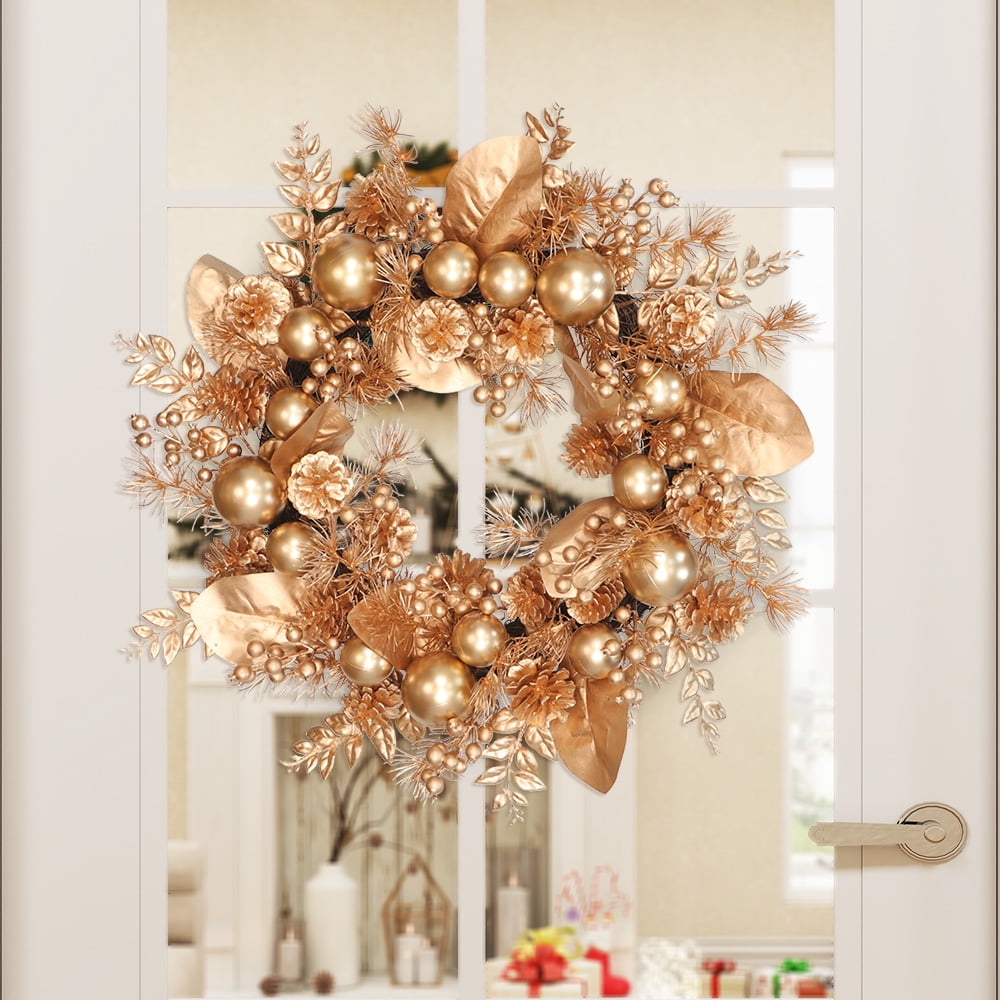 Abble 24" Indoor Outdoor Artificial Christmas Wreath - Decorated with Berries, Pinecones, Leaves, Balls for Wall Fireplace, Door, Window (Gold)