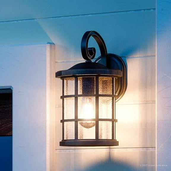 Urban Ambiance Luxury Craftsman Outdoor Wall Light, Small Size: 11"H x 6"W, with Tudor Style Elements, Wrought Iron Design, Oil Rubbed Parisian Bronze Finish and Seeded Glass, UQL1041