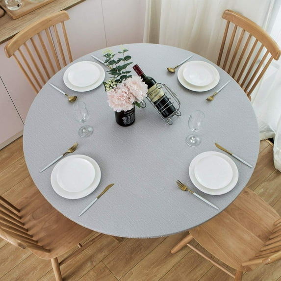 JOOCAR Round Tablecloth, Light Grey Waterproof and Oilproof Elastic Band Closure Elastic Wipe Clean Table Cover, Suitable for Dining Table Indoor and Outdoor