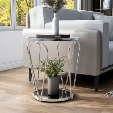 Furniture of America Ollis Glam Glass Top Indoor End Table with 1-Shelf, Chrome