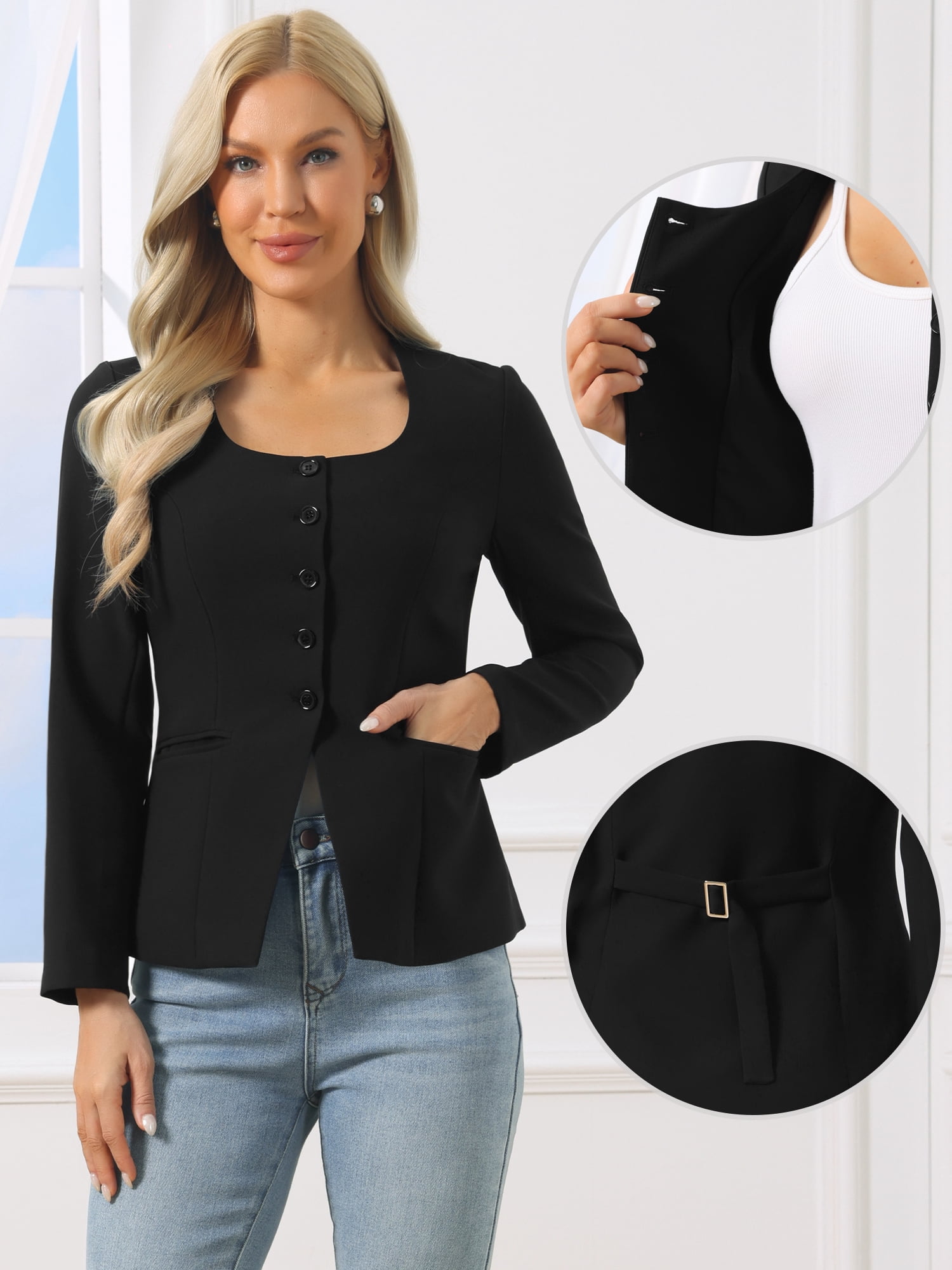 DARING DIVA Women's Casual Collarless Button Down Scoop Neck Fitted Blazer M Black