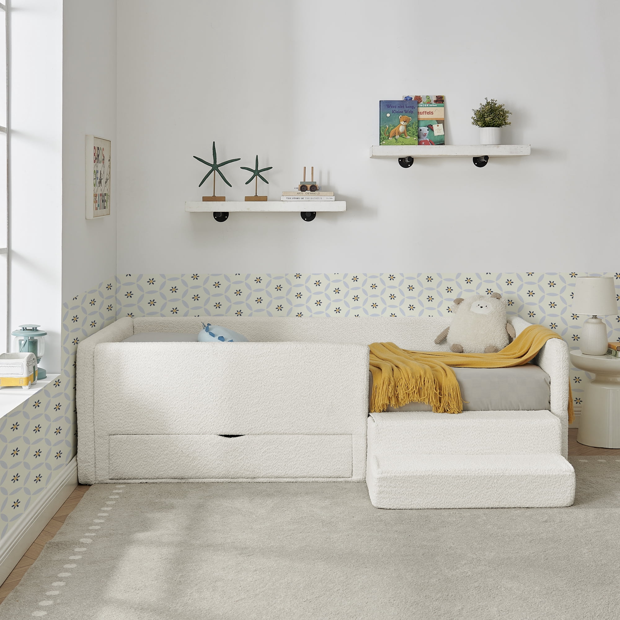 T-Joy Multi-Functional Kids Bed with Guardrails and Storage, Boucle Wooden Platform Bed with Safety Step Stool, Twin Size, Beige