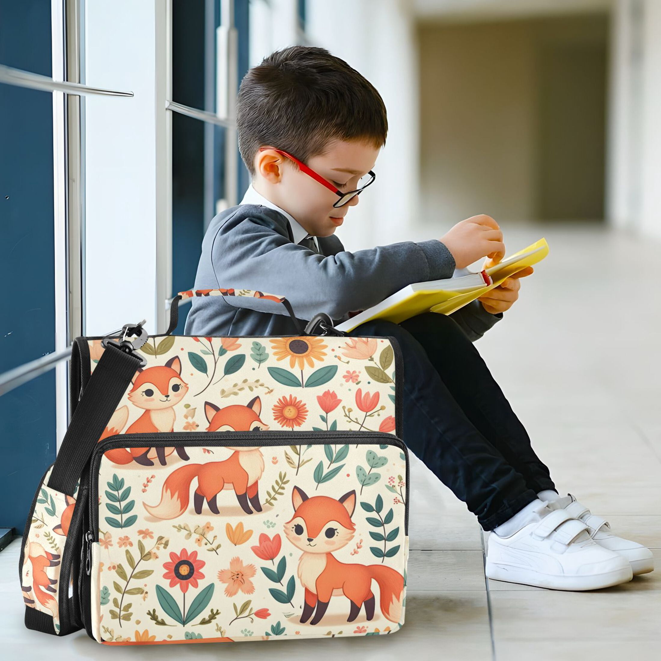 3 Ring Zipper Binder with Shoulder Strap Waterproof Trapper Keeper 2 Inch D-Ring 500 Sheets Capacity Cute Foxes Flower Leaf